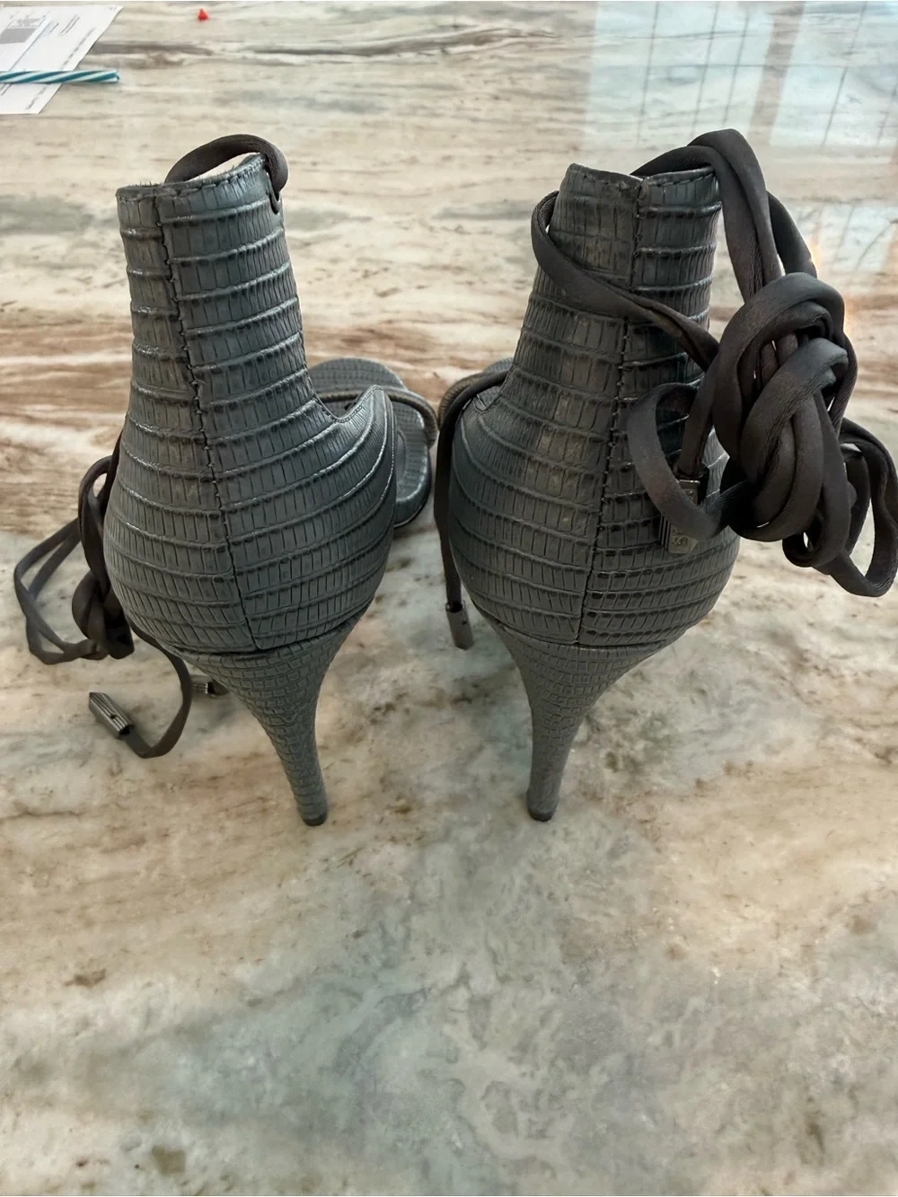 REISS Coco Ankle Tie Lizard Embossed Leather Sandals Heels Grey 37 US 6.5 / 7